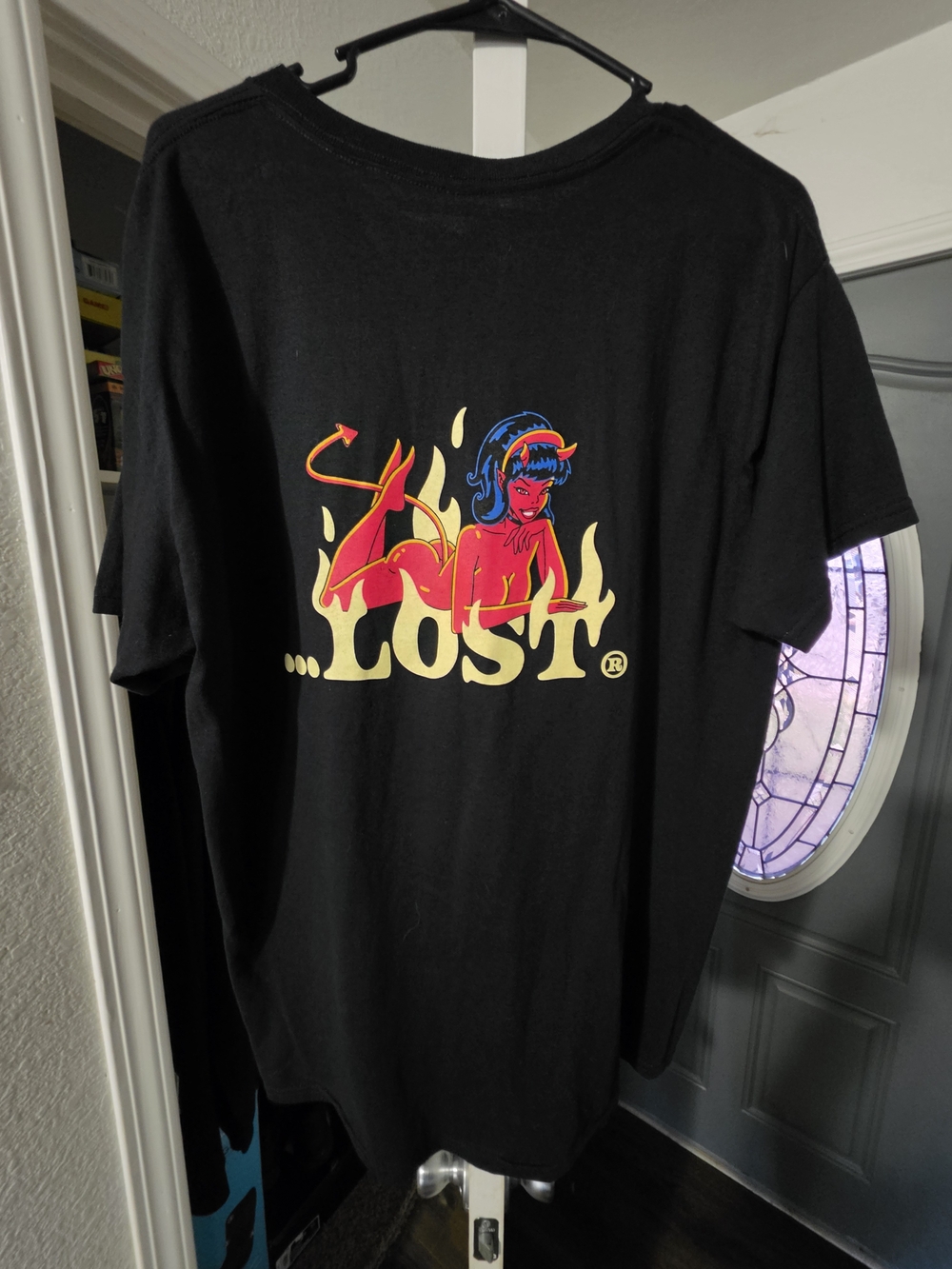 Lost Black Tee with Red & Yellow Devil Pinup Graphic